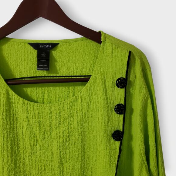 Ali Miles 2X Neon Green Crinkled Button Decor Asymmetric Tunic Top Lagen Artsy - Picture 2 of 12